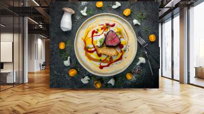 Tenderloin Beef steak with mushrooms and vegetables on a plate, food styling for serving in a restaurant Wall mural