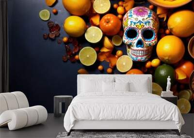 The day of the Dead. Colorful sugar skull all in patterns on a blue background, surrounded by fruits, in a colorful bright style, traditional Mexican style. Diaz de los Muertos. Place for text, copy. Wall mural