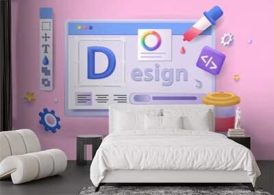 Ui UX design concept 3D illustration. Icon composition with computer display with process of making site layout or app interface, creating graphic elements. Vector illustration for modern web design Wall mural