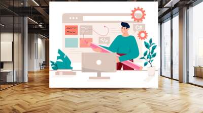 UI UX programming pink concept with people scene in the flat cartoon design. Designer edits site settings to complete work. Wall mural