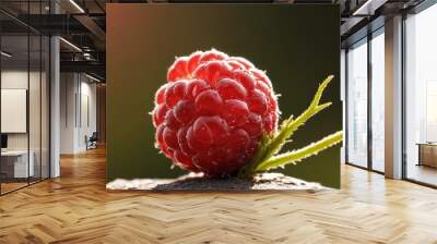 Vibrant clusters of red raspberries glistening under sunlight in a lush garden during summer Wall mural