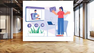 Video chatting concept with people scene. Woman receives messages and communicates online with man using laptop and video call program. Illustration with character in flat design for web banner Wall mural