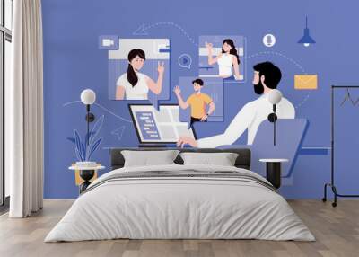 Video conference web concept with people scene in flat blue design. Man sits at laptop and chats online with group of friends or colleagues on screens and virtual communicates. Vector illustration Wall mural