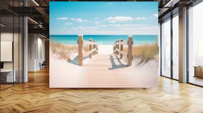 Wooden boardwalk leading to a beach. Light-colored wood, railings, dune grass. Ocean and blue sky in the background. Bright and sunny mood. Wall mural