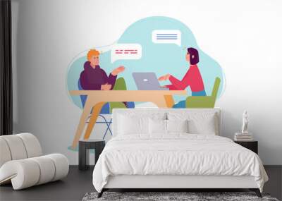 Workflow concept with people scene in the flat cartoon style. Two employees discuss work tasks in a cozy atmosphere. Wall mural