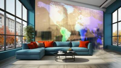 World map with trading desk bank office interior on background. Multi exposure. Concept of international finance Wall mural