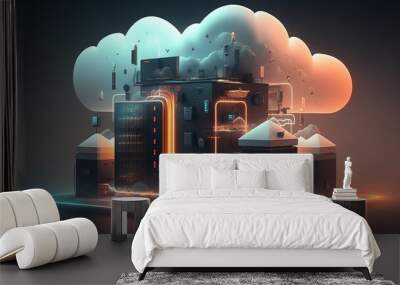 write 40 keywords for adobe stock separated by commas in one line on the topic: An illustration of a cloud-based server center, with different applications and technologies connected to it. Generative Wall mural