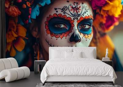 young woman with skull makeup on day of dead holiday Wall mural