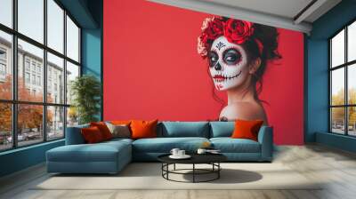 young woman with skull makeup on day of dead holiday Wall mural