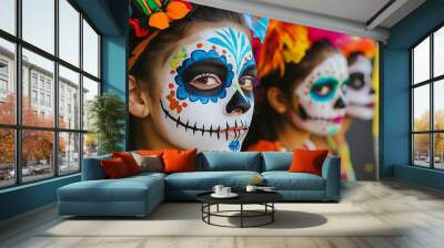 young woman with skull makeup on day of dead holiday Wall mural