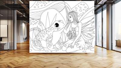 Vector illustration, a beautiful fairy stroking a frog in a meadow of flowers with mushrooms Wall mural