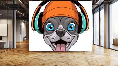 Vector illustration, funny french bulldog in headphones Wall mural