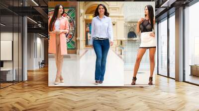 Collage of five different young women in bright fashionable clothes Wall mural