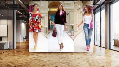 Collage of five different young women in bright fashionable clothes Wall mural