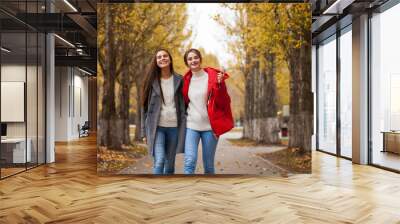 Two girlfriends in a gray wool coat and a red down jacket Wall mural