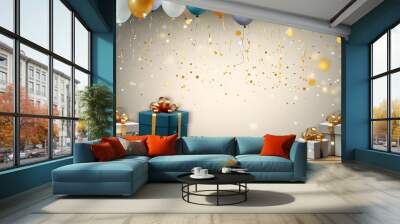 Boy birthday background with blue balloons and gifts on wooden background Wall mural