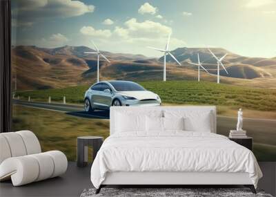 Car drives along a mountain road against the backdrop of wind turbines. Alternative energy for the car. An electric car against the backdrop of wind turbine farms. Generative AI Wall mural