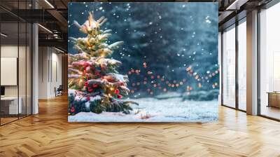 Christmas tree with snow, decorated with garlands in a night fairy forest. Christmas greeting card. Wall mural