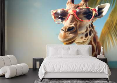 Giraffes are having fun on on the Caribbean Sea with tropical cocktails. Concept of vacation and fun at sea Wall mural