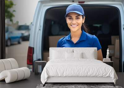 Portrait of a smiling delivery woman in a cap and uniform standing with a box in her hands near the trunk of a van Wall mural