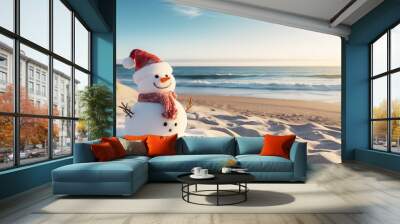 Snowman in a Santa Claus hat on a sandy white beach on the Caribbean Sea. Celebration of the New Year in warm countries. Travel. Wall mural