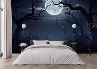 Spooky forest with dead trees and full moon. Time to celebrate halloween. Wall mural