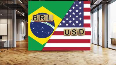 Brazil and USA currencies codes on national flags background Wall mural