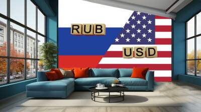 Russia and USA currencies codes on national flags background Wall mural