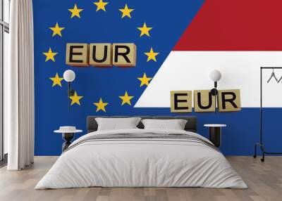 United Europe and Netherlands currencies codes on national flags background Wall mural