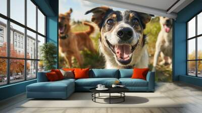 Portrait of a cute, cheerful domestic dog with his mouth open in the park outdoors. Several dogs are standing and sitting behind. Pets, dog walking and care Wall mural