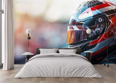 Portrait of a racer in a helmet against a blurred image. The helmet has a sporty design with red, white and black stripes. Wall mural