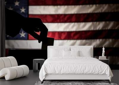 Silhouette of a male hand in a business suit throwing a ballot into a voting basket against the background of the American flag. Copy space. Wall mural