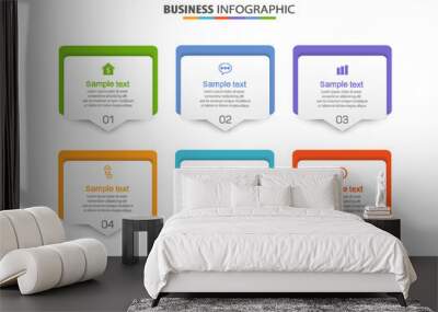 Business vector infographic design template with icons and 6 options or steps. Can be used for process diagram, presentations, workflow layout, banner, flow chart, info graph Wall mural