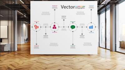 Four colorful circles connected by  horizontal stripe, thin line symbols and text. Concept of 4 stages of progressive development. Creative infographic design template. Vector eps10 Wall mural