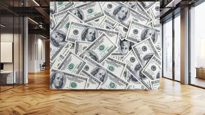 A background of hundred dollars scattered on the table. Wall mural