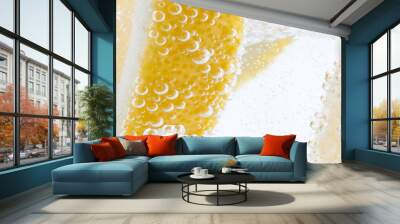 In a glass with cubes of melting ice slices of a juicy lemon. Wall mural