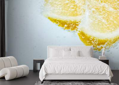 in soda, two slices of fresh juicy yellow lemon. Wall mural