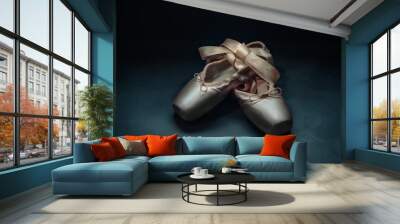 Pointe shoes ballet dance shoes with a bow of ribbons beautifully folded on a dark background. Wall mural