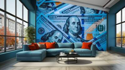 The background of a one hundred dollar bill. Style blue light. Wall mural