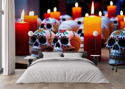 a close up of a table with candles and skulls Generative ai Wall mural