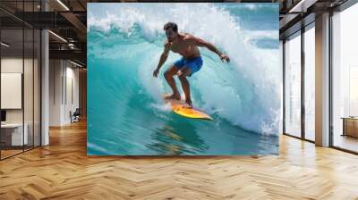 A male surfer in a red rash guard maneuvers on his surfboard, riding a rolling wave generative ai Wall mural