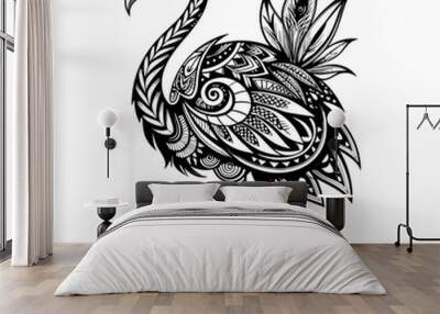 flamingo intricate black tattoo design on white Wall mural