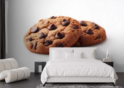 Two Chocolate Chip Cookies on White Background Wall mural