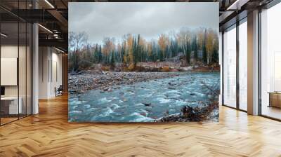 Autumn forest in the mountains. Fog over the river. Wall mural