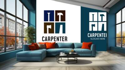 Carpenter tools logo design with ax, handsaw, hammer, and nail icon Wall mural