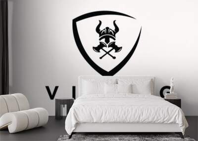 Vikings logo design. Nordic warrior symbol. Horned Norseman coat of arms. Male head icon with horns and beard helmet. viking head brand identity vector - vector Wall mural