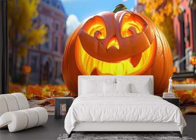 Autumn Festivities: Halloween Pumpkin on Picnic Table Wall mural