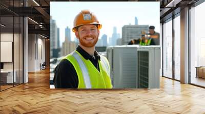 Colleagues Working Together to Service HVAC Units Wall mural