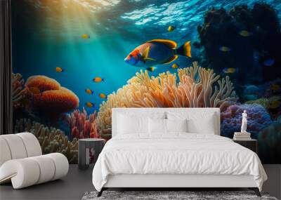 Colorful tropical fish coral scene background. Generative AI Wall mural