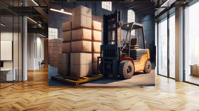 Forklift loads pallets and boxes in warehouse - AI generative Wall mural